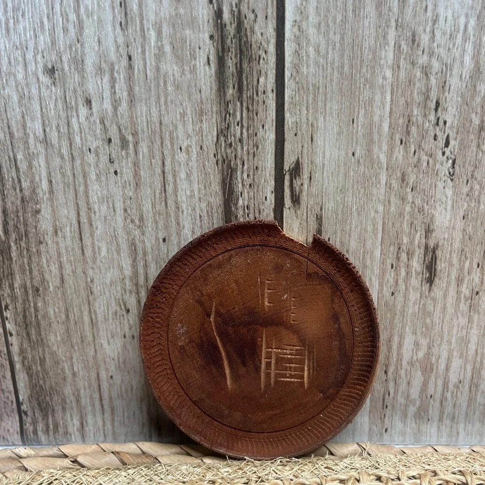 Vintage Coaster Set Asian Landscape Carved Wood Coasters w/ Holder Set of 8